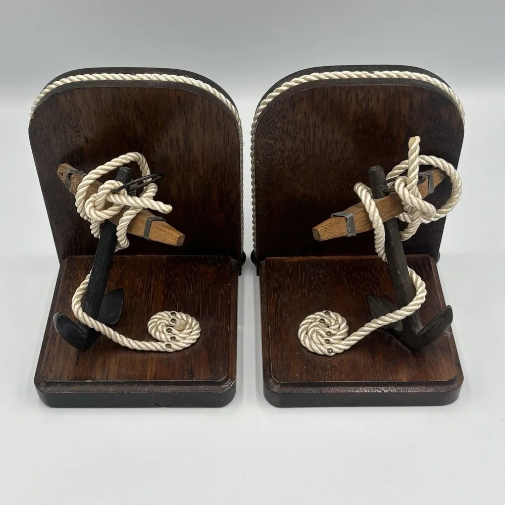 Vintage Nautical Theme Bookends Wood & Rope with Cast Iron Anchors